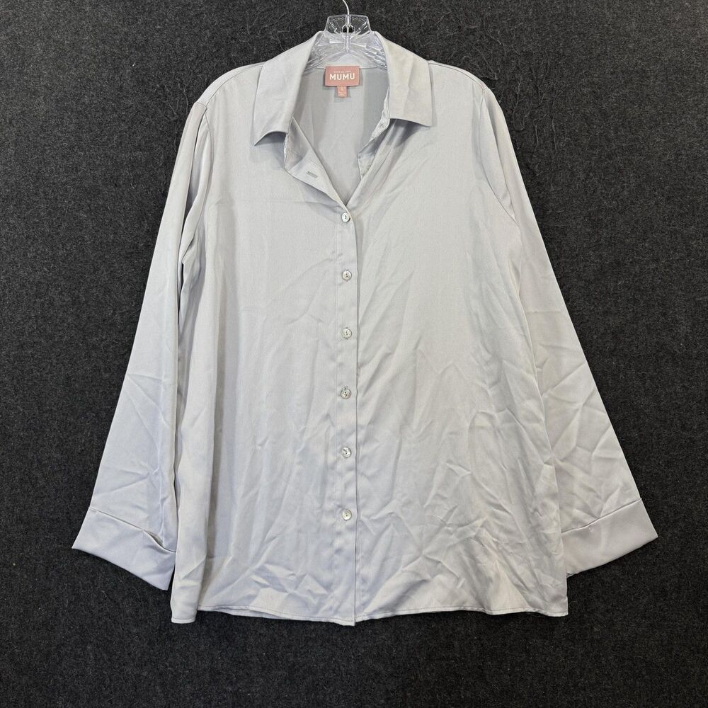 Show Me Your Mumu Smith Blouse Women's Small Gray Silver Satin Button Down